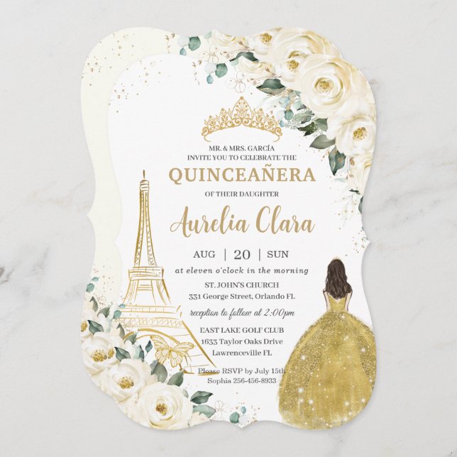 Quinceañera Ivory White Floral Paris Gold Princess Invitation (Front/Back)