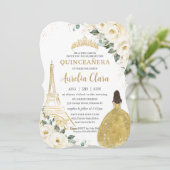 Quinceañera Ivory White Floral Paris Gold Princess Invitation (Standing Front)