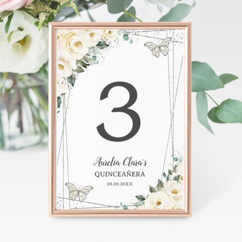 Quinceaera Ivory White Floral Silver Butterflies Table Number
