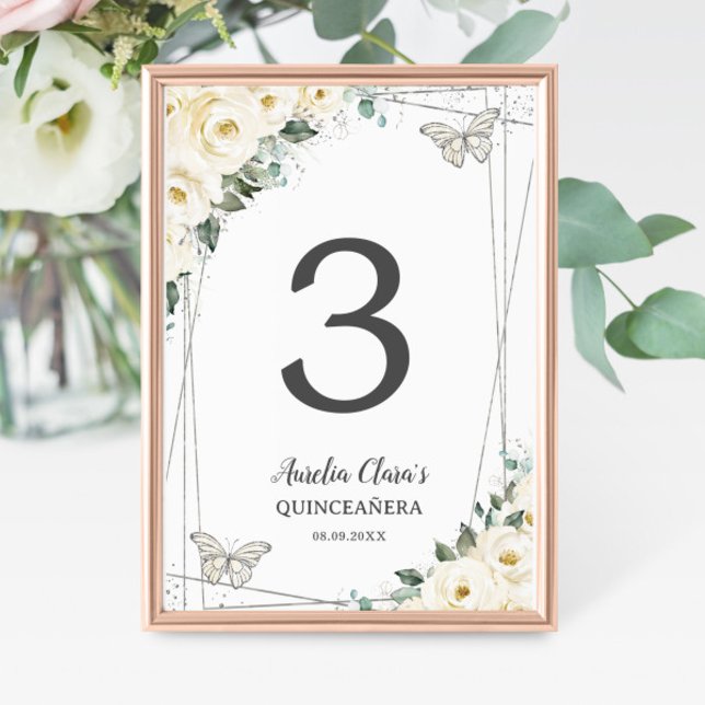 Quinceañera Ivory White Floral Silver Butterflies Table Number (Creator Uploaded)