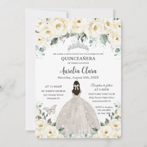 Quinceaera Ivory White Floral Silver Tiara Dress Invitation