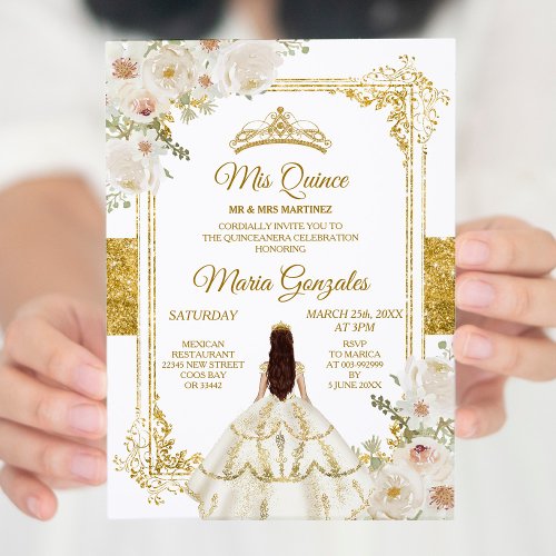 Quinceanera Ivory White Gold Floral Birthday Crown Invitation