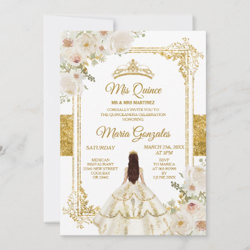 Quinceanera Ivory White Gold Floral Birthday Crown Invitation