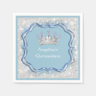 Quinceanera Jeweled Crown, Glass, Silver Glitter Napkins