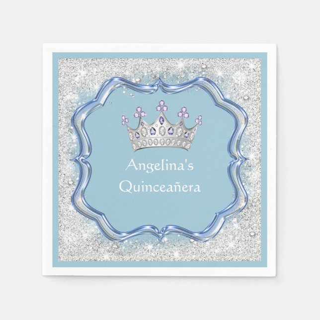 Quinceanera Jeweled Crown, Glass, Silver Glitter Napkins (Front)