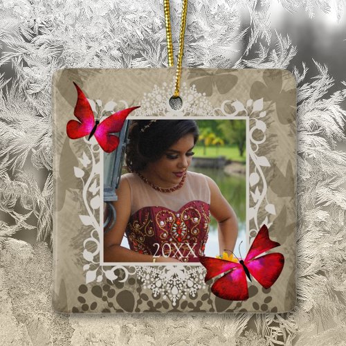 Quinceanera Keepsake Gift Red Butterflies Photo Ceramic Ornament