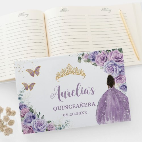 QUINCEAERA Lavender Lilac Purple Roses Brown Girl Guest Book