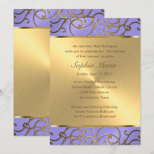 Quinceanera Lavender Purple and Gold Filigree Invitation