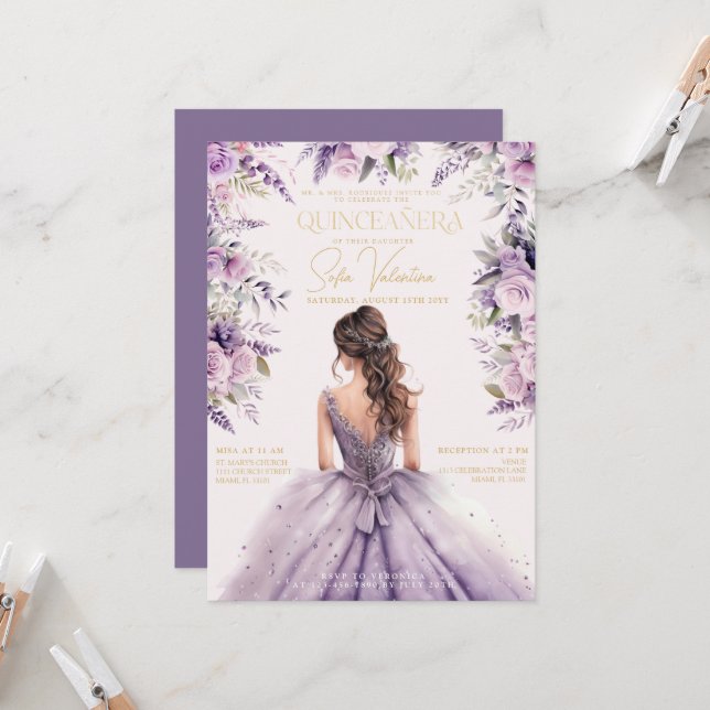 Quinceaera Lavender Purple Lilac Floral Gown Gold Invitation | Zazzle