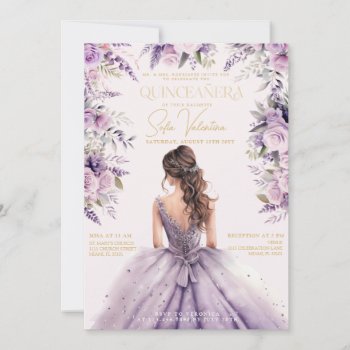Quinceañera Lavender Purple Lilac Floral Gown Gold Invitation by KacaoPrints at Zazzle
