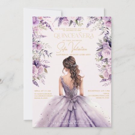 Quinceañera Lavender Purple Lilac Floral Gown Gold Invitation