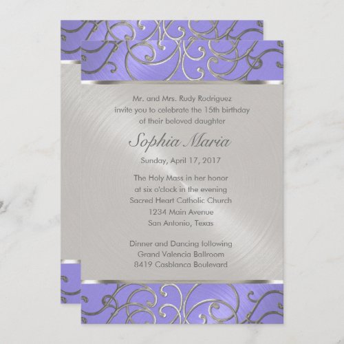 Quinceanera Lavender Purple Silver Filigree Swirls Invitation