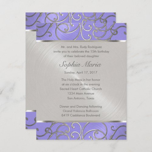 Quinceanera Lavender Purple Silver Filigree Swirls Invitation