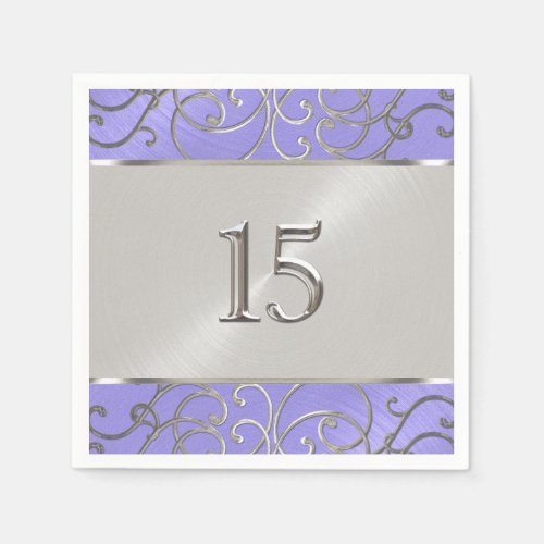 Quinceanera Lavender Purple Silver Filigree Swirls Paper Napkins