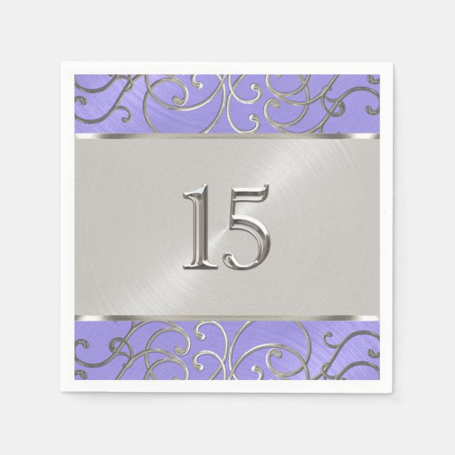 Quinceanera Lavender Purple Silver Filigree Swirls Paper Napkins (Front)