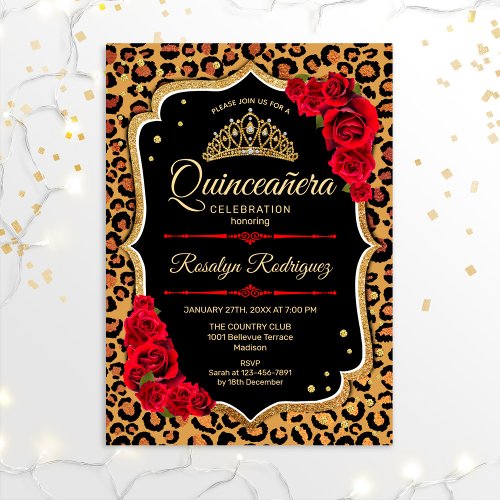Quinceanera _ Leopard Print Gold Red Invitation