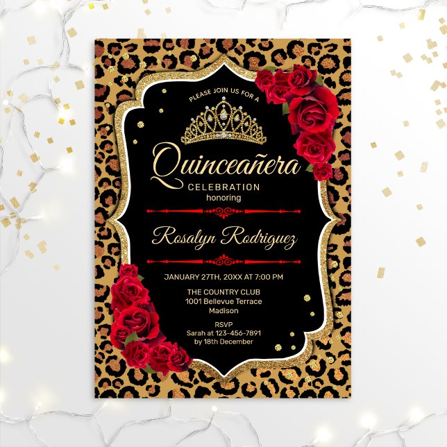 Quinceanera - Leopard Print Gold Red Invitation