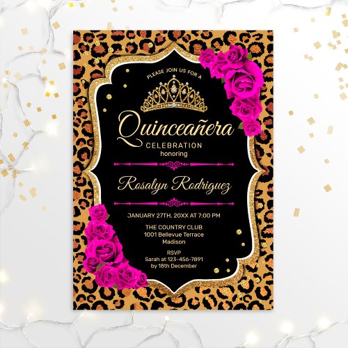 Quinceanera _ Leopard Print Gold Red Pink Invitation