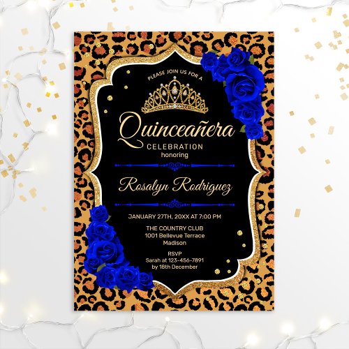 Quinceanera _ Leopard Print Gold Royal Blue Invitation