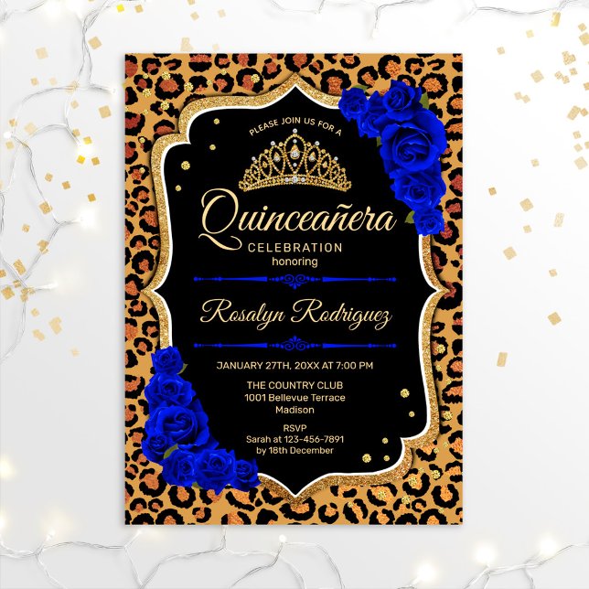 Quinceanera - Leopard Print Gold Royal Blue Invitation (Creator Uploaded)