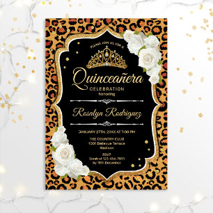 Quinceanera - Leopard Print Gold White Invitation