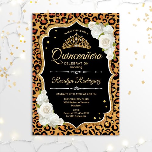 Quinceanera _ Leopard Print Gold White Invitation