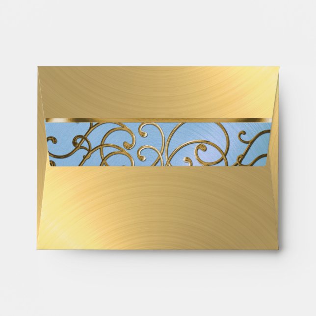 Quinceanera Light Blue and Gold Filigree Swirls Envelope (Back (Top Flap))