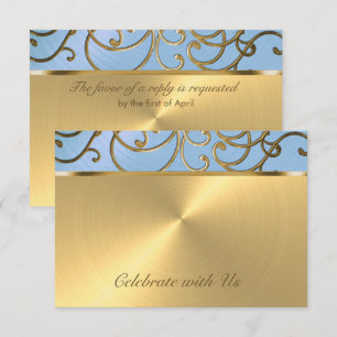 Quinceanera Light Blue and Gold Filigree Swirls Invitation