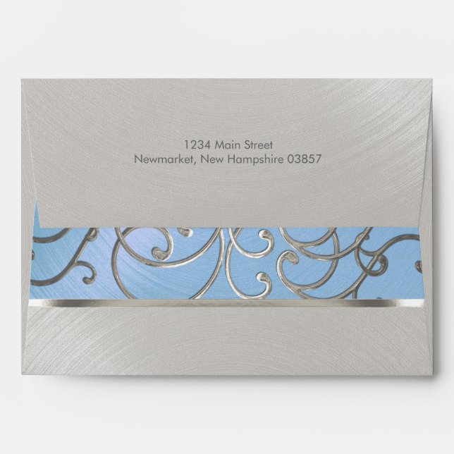 Quinceanera Light Blue and Silver Filigree Swirls Envelope (Back (Top Flap))