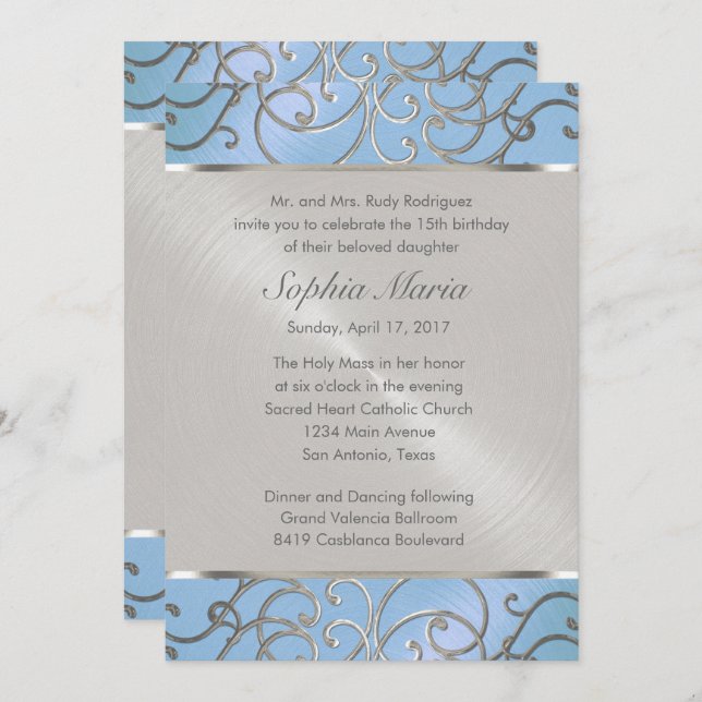 Quinceanera Light Blue and Silver Filigree Swirls Invitation (Front/Back)