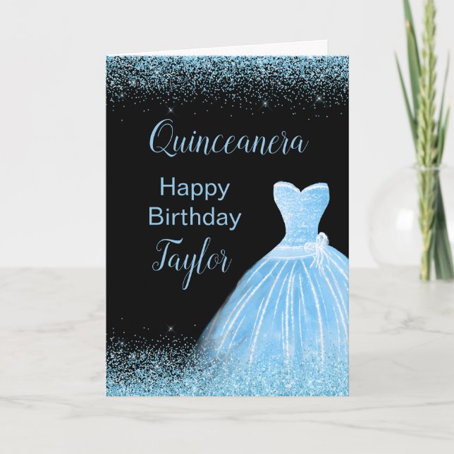 Quinceanera Light Blue Dress Faux Glitter Card (Front)