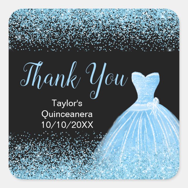Quinceanera Light Blue Dress Faux Glitter Square Sticker (Front)