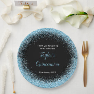 Quinceanera Light Blue Faux Glitter Paper Plates