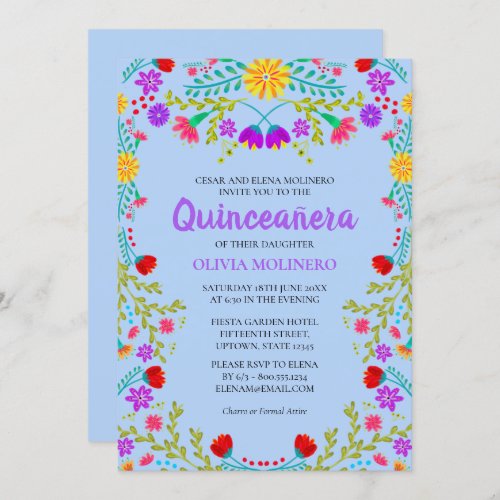 Quinceanera Light Blue Mexican Flowers Birthday Invitation