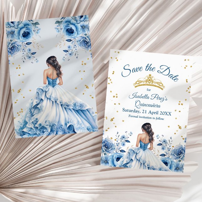 Quinceanera Light Blue Princess Save the Date Invitation (Quinceanera Light Blue Princess Save the Date Invitation on a sunny neutral dry palm leaf.)