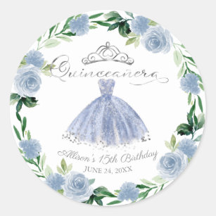 Quinceanera Light Blue Silver Gown Floral Classic Round Sticker