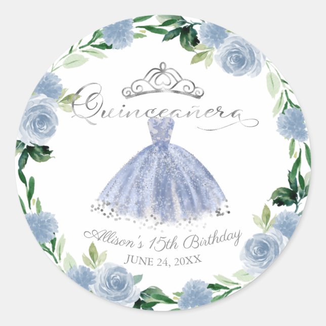 Quinceanera Light Blue Silver Gown Floral Classic Round Sticker (Front)