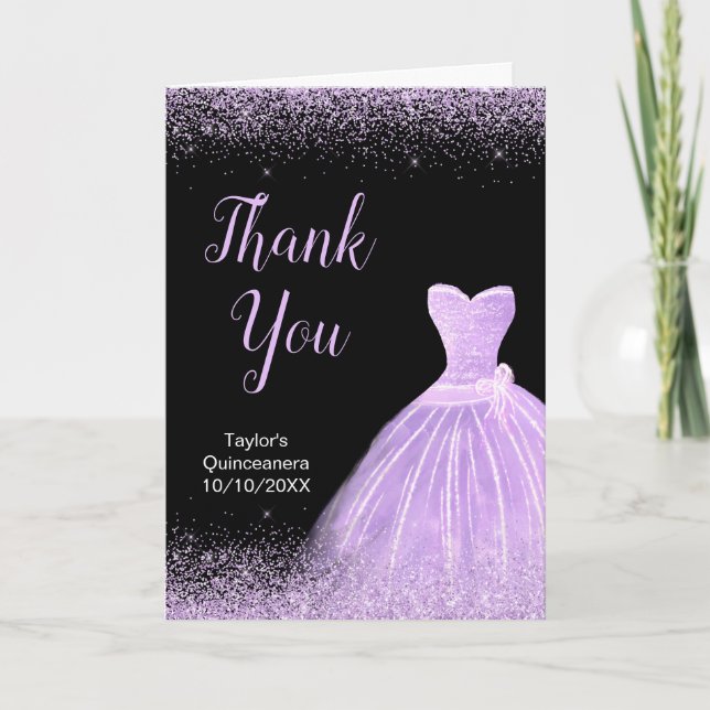 Quinceanera Light Purple Dress Faux Glitter Thank You Card (Front)