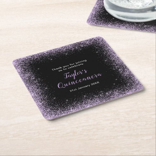 Quinceanera Light Purple Faux Glitter Square Paper Coaster