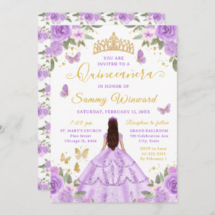 Quinceañera Light Purple Princess Brunette Girl Invitation