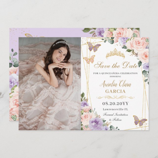 Quinceañera Lilac Blush Floral Birthday Photo Save The Date (Front/Back)