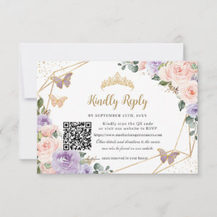Quinceañera Lilac Blush Floral Butterflies 16th QR RSVP Card