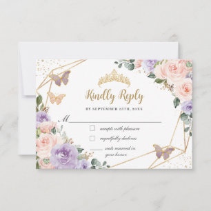 Quinceañera Lilac Blush Floral Butterflies 16th RSVP Card