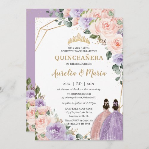 Quinceaera Lilac Blush Floral Rose Gold Twins Invitation