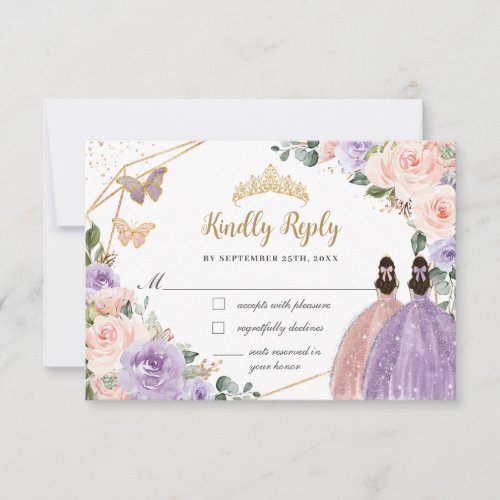 Quinceaera Lilac Blush Floral Rose Gold Twins RSVP Card