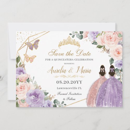 Quinceaera Lilac Blush Floral Rose Gold Twins Save The Date