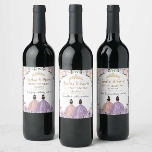Quinceaera Lilac Blush Floral Twin Girls Sweet 16 Wine Label