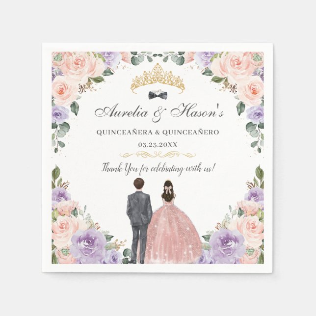 Quinceañera Lilac Blush Floral Twins Boy Girl Napkins (Front)