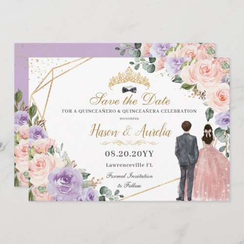 Quinceaera Lilac Blush Floral Twins Boy Girl Save The Date