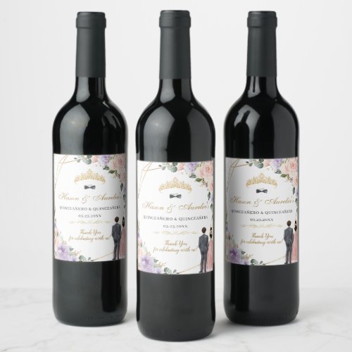 Quinceaera Lilac Blush Floral Twins Boy Girl Wine Label